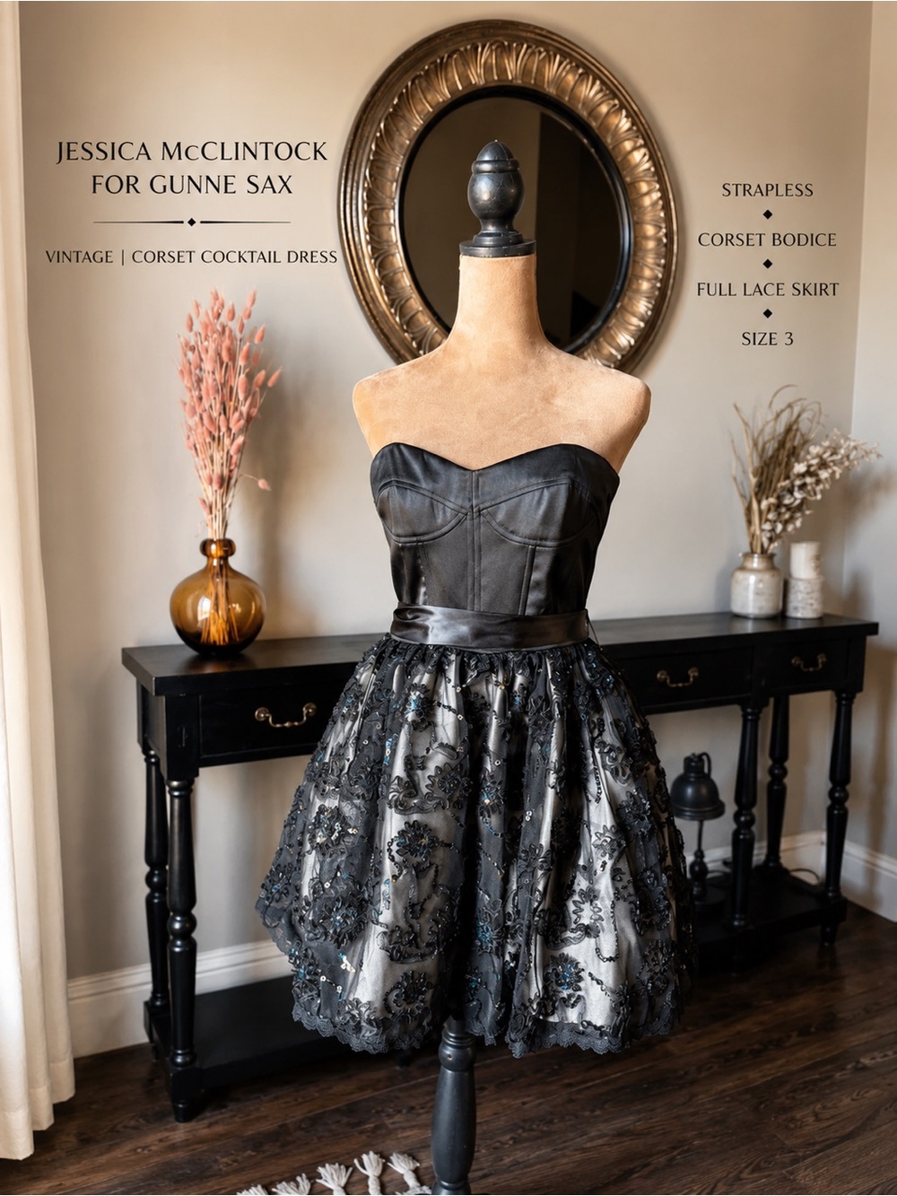 Vtg Jessica McClintock for Gunne Sax Corset Cocktail Dress Strapless Black SZ 3